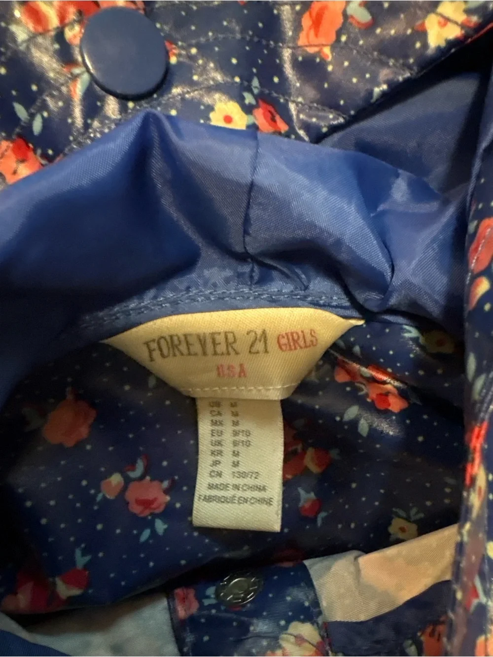 Forever 21 Navy Blue Floral Girls' Raincoat with Hood